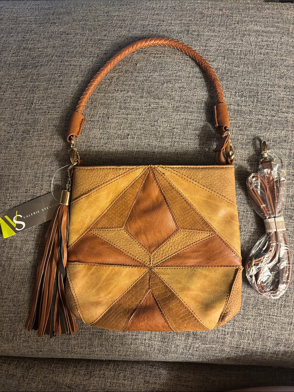 Valerie Stevens VS-9119 Patchwork Satchel Cognac Brown Tassel Shoulder Bag NWT